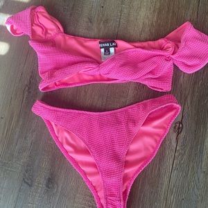 Hot pink off the shoulder bathing suit set